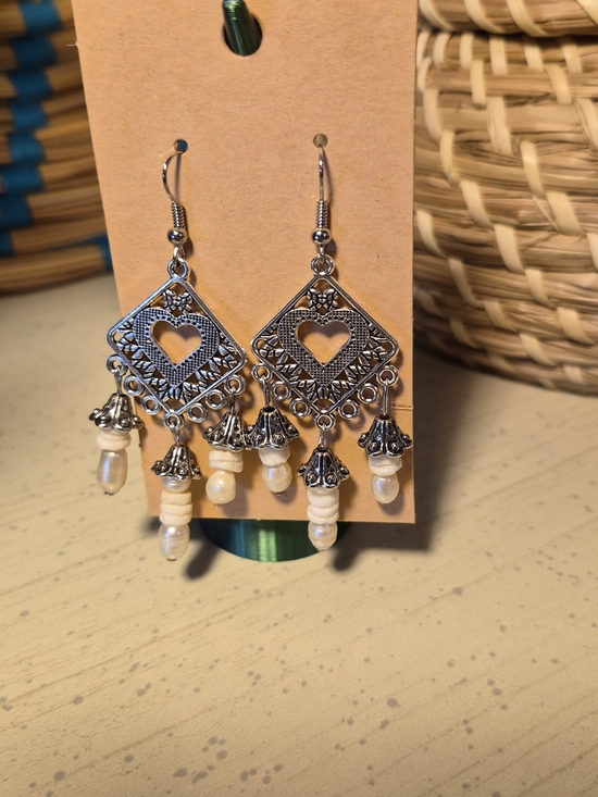 home made Jewelry - Hand Made Silver-toned Filigree Heart Dangle Earrings with True Pearls & pooka